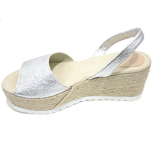 Castell 1910 Vico - Avarcas Menorquinas Mujer Abiertas con Plataforma y Cuña de Esparto de Color Plata - Plata, 39