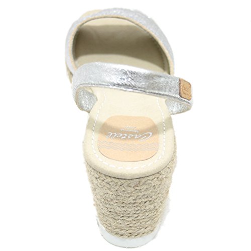 Castell 1910 Vico - Avarcas Menorquinas Mujer Abiertas con Plataforma y Cuña de Esparto de Color Plata - Plata, 39
