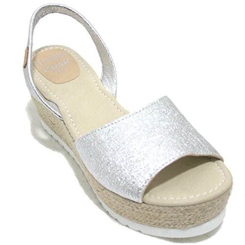 Castell 1910 Vico - Avarcas Menorquinas Mujer Abiertas con Plataforma y Cuña de Esparto de Color Plata - Plata, 39