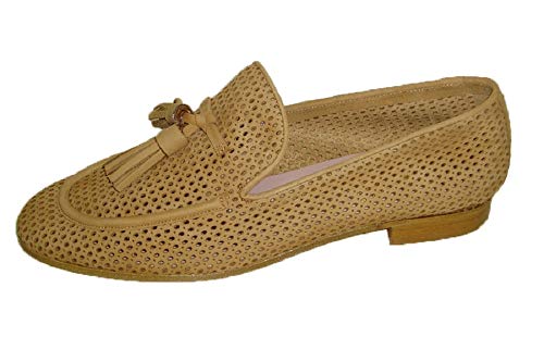 Castellano año 1920 Modelo Portove mocasín en Piel Nobuk Natural con Adorno borlas en Piso de Suela. Hecho a Mano (38 EU, Beige)