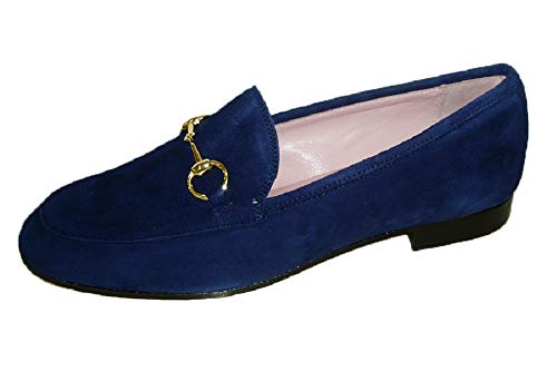 Castellano año 1920 Zapato mocasín de Mujer en Ante Azul Marino, con Suela de de Cuero, Estribo Dorado, Modelo Genova. (38 EU, Azul Marino)