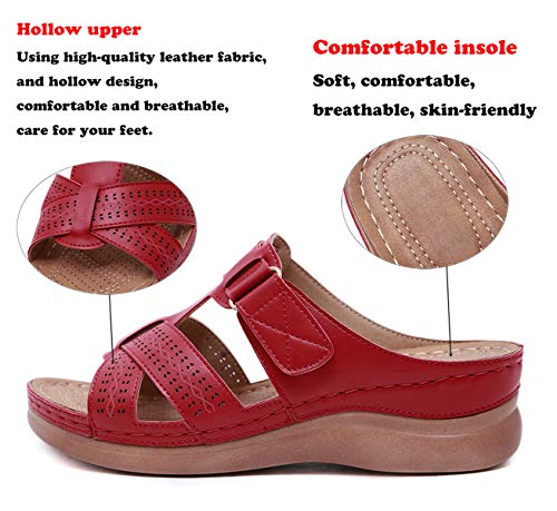 CELANDA Sandalias con Punta Abierta Zapatillas de Plataformas Cuero Zapato de Playa Suaves Ligeras Mules de Verano para Mujer Rojo Talla: 43 EU