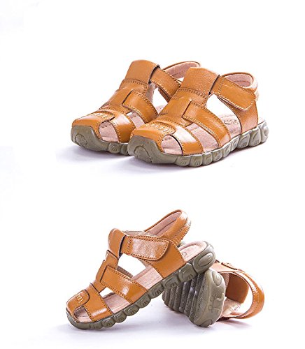 CELANDA Sandalias Punta Cerrada para Niño Niña, Niños Suave Único Auténtico Cuero Playa Sandalia Anti-Deslizante Sandalias Ocasionales del Estilo (Amarillo Talla:27 EU)