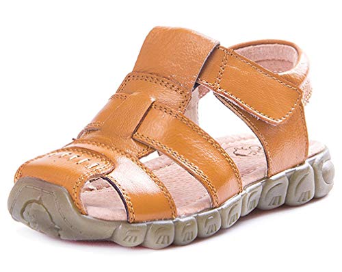 CELANDA Sandalias Punta Cerrada para Niño Niña, Niños Suave Único Auténtico Cuero Playa Sandalia Anti-Deslizante Sandalias Ocasionales del Estilo (Amarillo Talla:27 EU)