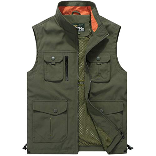 Chaleco Cómoda Mangas Casual Hombre Primavera Sección Delgada Multibolsillo Color sólido Chaqueta al Aire Libre Marea de Secado rápido Tres Colores (Color : Army Green, Size : 2XL)