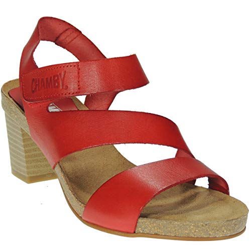 CHAMBY 2530 Sandalia Piel Vaquetilla Tacón Ancho 6Cm Planta Bio Anatómica Velcro Mujer Rojo Talla 37
