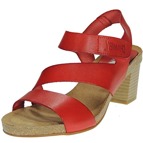 CHAMBY 2530 Sandalia Piel Vaquetilla Tacón Ancho 6Cm Planta Bio Anatómica Velcro Mujer Rojo Talla 37