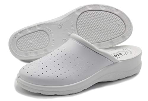 Chanclas sanitarias hombre y mujer, zapatillas profesionales cerradas, Zuecos sanitarios, zapatos ortopédicos cómodos, suela anatómica, Made in Italy Blanco Size: 40 EU