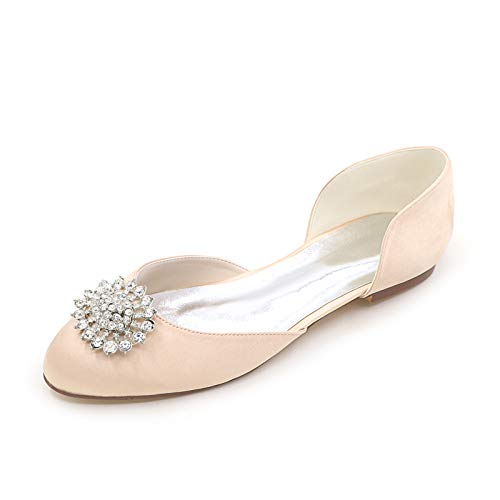 CHARMSTEP Bailarinas Boda Planos para Mujer Satén D'Orsay Punta Redonda Diamantes De Imitación Zapatos De Novia 9872-14,Champagne,42 EU