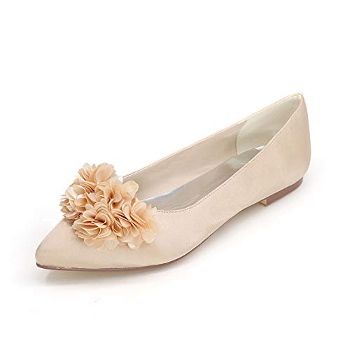 CHARMSTEP Bailarinas De Boda para Mujer De Satén Planos Flor Punta Cerrada Zapatos De Novia Fiesta 2046-07H,Champagne,36 EU