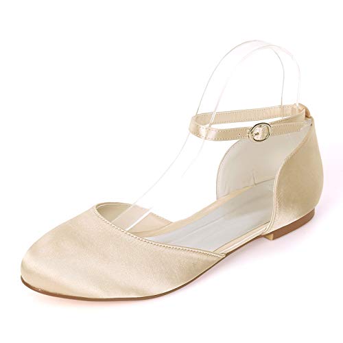 CHARMSTEP Mujeres Bailarinas Boda Satén Correa De Tobillo Punta Redonda Zapatos De Novia Planos 9872-14A,Champagne,39 EU