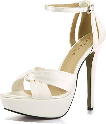 CHMILE CHAU-Zapatos para Mujer-Sandalias de Tacon Alto de Aguja-Elegantes-Novia-Boda-Nupcial-Vestido de Fiesta-Punta Abierta-Correa de Tobillo-Plataforma 3cm