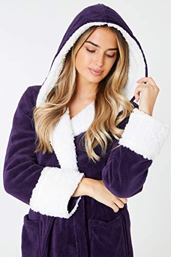 CityComfort Bata de Estar por Casa Mujer Invierno con Capucha, Ropa de Dormir Suave Material de Forro Polar, Batín Tejido Peluche Accesorios Mujer, Regalos para Mama (M, Morado Oscuro)