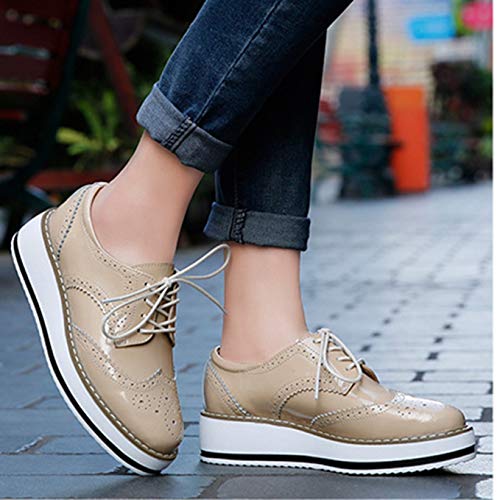 Clásicos de Las Mujeres Brogues de cuña Mocasines de Charol de otoño Zapatos Derby con Cordones de Punta Redonda Zapatos Oxford de Plataforma de Estilo británico