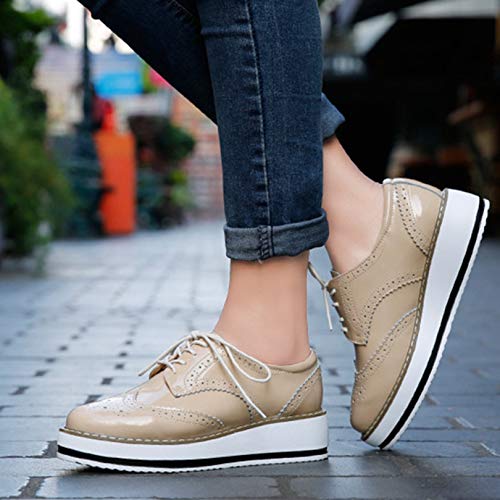 Clásicos de Las Mujeres Brogues de cuña Mocasines de Charol de otoño Zapatos Derby con Cordones de Punta Redonda Zapatos Oxford de Plataforma de Estilo británico