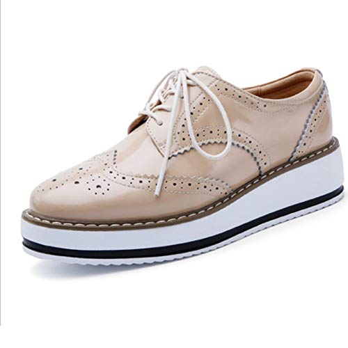 Clásicos de Las Mujeres Brogues de cuña Mocasines de Charol de otoño Zapatos Derby con Cordones de Punta Redonda Zapatos Oxford de Plataforma de Estilo británico