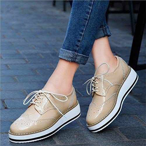 Clásicos de Las Mujeres Brogues de cuña Mocasines de Charol de otoño Zapatos Derby con Cordones de Punta Redonda Zapatos Oxford de Plataforma de Estilo británico