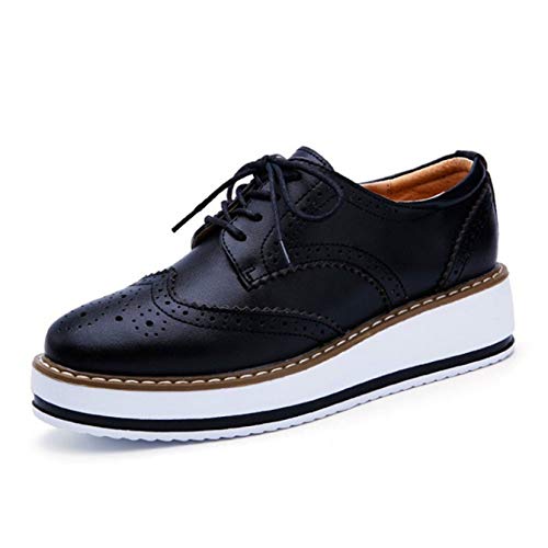 Clásicos de Las Mujeres Brogues de cuña Mocasines de Charol de otoño Zapatos Derby con Cordones de Punta Redonda Zapatos Oxford de Plataforma de Estilo británico