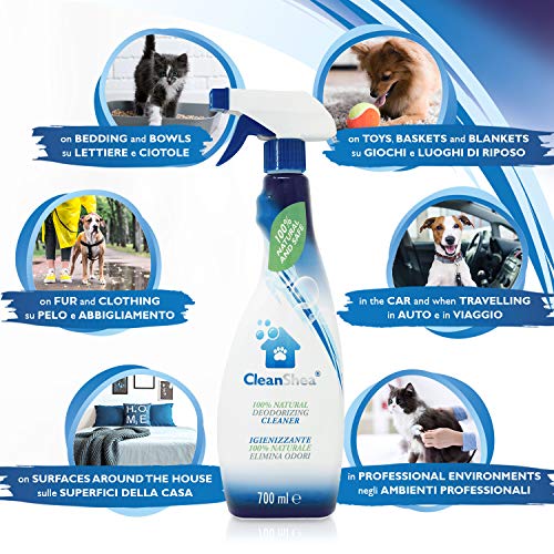 CleanShea Spray desinfectante 100% Natural, Elimina los olores de los Animales, Spray desinfectante para Pieles, Accesorios para Animales y Superficies, ecológico y Seguro, 1400 ml(Botella + Recarga)