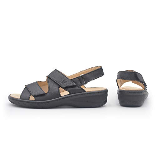 Cloe Negro 38 EU- Sandalia Ancha y cómoda con Velcro - Mujer - Plantilla extraíble y recambiable - Piel ecológica sin Cromo - Piso Antideslizante - Material Stretch para juanetes
