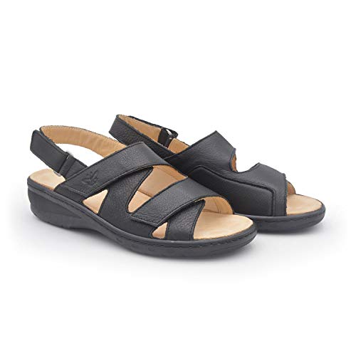 Cloe Negro 38 EU- Sandalia Ancha y cómoda con Velcro - Mujer - Plantilla extraíble y recambiable - Piel ecológica sin Cromo - Piso Antideslizante - Material Stretch para juanetes