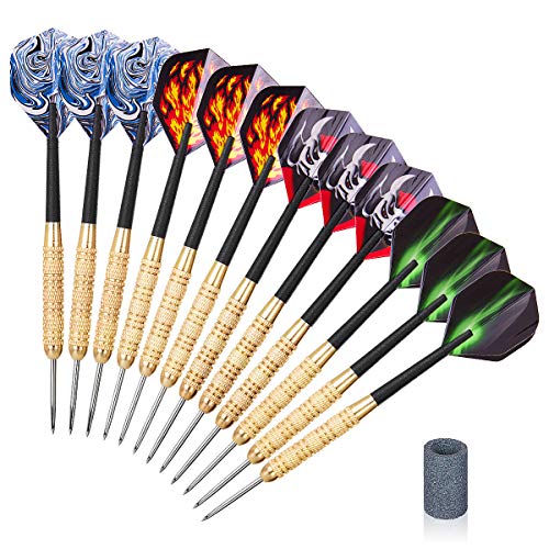 CNNIK 12 Piezas Juego de Dardos con Punta de Acero con 4 vuelos de Estilo, Ejes de plástico Esmerilado, barriles de Hierro y sacapuntas para Sala de recreación, Bar y Sala de Juegos (19 Gramos)