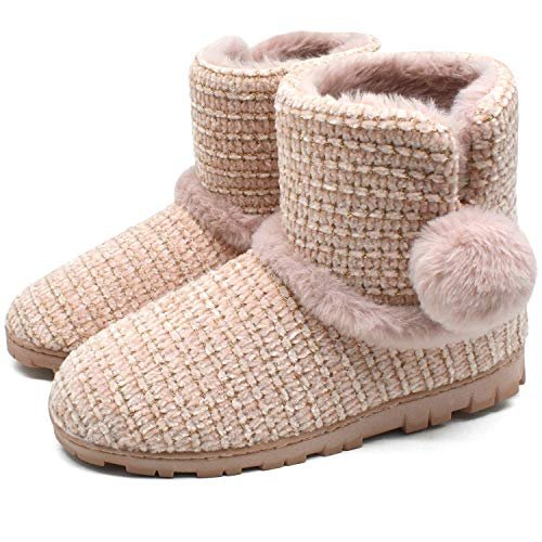 COFACE Zapatillas de Casa para Mujer Invierno, Botas Cerradas Pantuflas, Zapatos Cálidos con Forro de Felpa con Suaves Pompones y Suela de Goma Antideslizante Talla 41