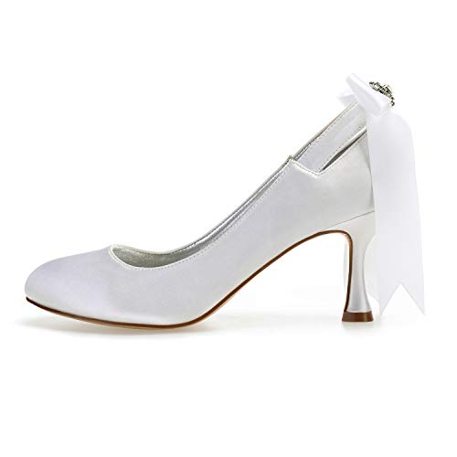 COMFASH 17061-64 Zapatos De Novia para Mujer Zapatos De Tacón Medio Bombas De Proa Punta Redonda Satén Coloridos Zapatos De Boda De Fiesta,Champagne,38 EU