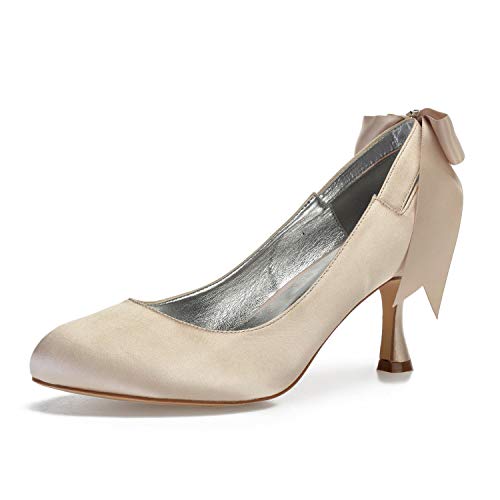 COMFASH 17061-64 Zapatos De Novia para Mujer Zapatos De Tacón Medio Bombas De Proa Punta Redonda Satén Coloridos Zapatos De Boda De Fiesta,Champagne,38 EU