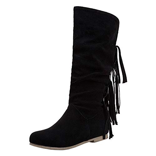 COOLCEPT Mujer Clásico Botas Arrugadas Plano Sin Cordones Mid Botas Altas Punta Redonda Botas Borlas Black Talla 39 Asian