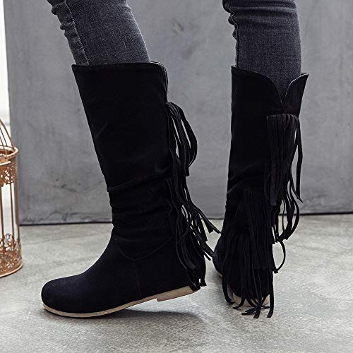 COOLCEPT Mujer Clásico Botas Arrugadas Plano Sin Cordones Mid Botas Altas Punta Redonda Botas Borlas Black Talla 39 Asian