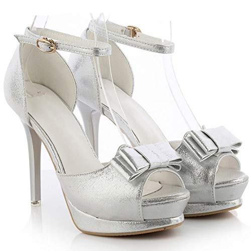 COOLCEPT Mujer Elegante Alto Tacón Sandalias de Aguja Peep Toe Zapatos de Boda Correas al Tobillo Stiletto Sandalias Plateado Talla 39 Asian