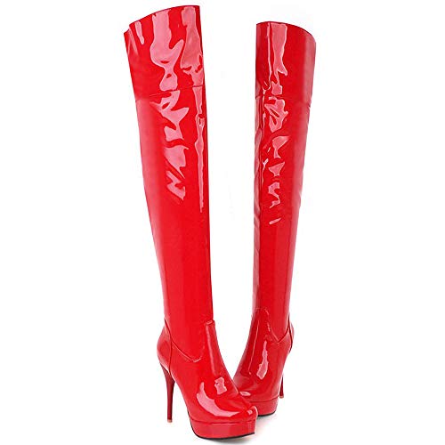 COOLCEPT Mujer Elegante Tacón Alto Botas Plataforma Tacón de Aguja Botas Cremallera Botas sobre la Rodilla Boda Zapatos Red Size 40 Asian