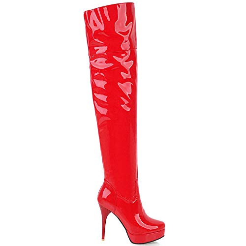 COOLCEPT Mujer Elegante Tacón Alto Botas Plataforma Tacón de Aguja Botas Cremallera Botas sobre la Rodilla Boda Zapatos Red Size 40 Asian