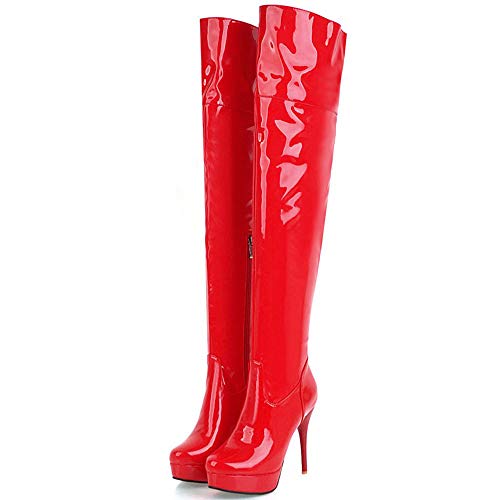 COOLCEPT Mujer Elegante Tacón Alto Botas Plataforma Tacón de Aguja Botas Cremallera Botas sobre la Rodilla Boda Zapatos Red Size 40 Asian