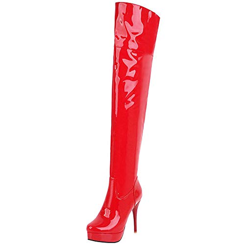 COOLCEPT Mujer Elegante Tacón Alto Botas Plataforma Tacón de Aguja Botas Cremallera Botas sobre la Rodilla Boda Zapatos Red Size 40 Asian