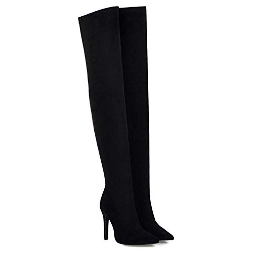 COOLCEPT Mujer Elegante Tacón de Aguja Botas de Muslo Puntiagudo Botas Cremallera Botas Altas de Muslo Black Talla 39 Asian