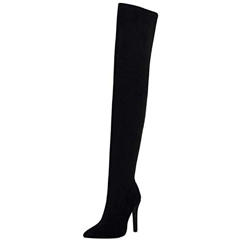 COOLCEPT Mujer Elegante Tacón de Aguja Botas de Muslo Puntiagudo Botas Cremallera Botas Altas de Muslo Black Talla 44 Asian