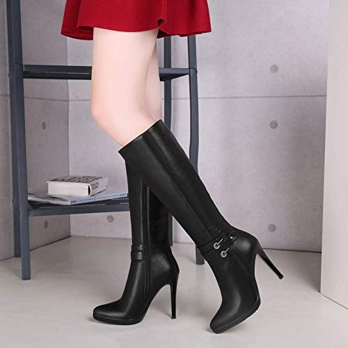 COOLCEPT Mujer Moda Tacón Alto Botas Largas Stiletto Cremallera Botas Media Pierna Puntiagudo Black Size 38 Asian
