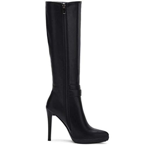COOLCEPT Mujer Moda Tacón Alto Botas Largas Stiletto Cremallera Botas Media Pierna Puntiagudo Black Size 38 Asian