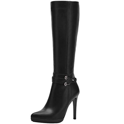 COOLCEPT Mujer Moda Tacón Alto Botas Largas Stiletto Cremallera Botas Media Pierna Puntiagudo Black Size 38 Asian