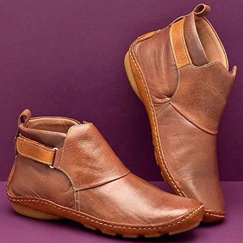 Coomir Botas de Invierno, Botines de Cuero Otoño Vintage Zapatos de Mujer Botas cómodas de tacón Plano Bota Corta