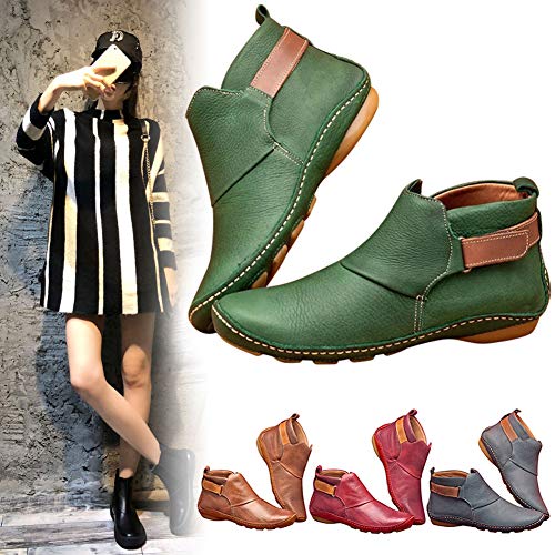Coomir Botas de Invierno, Botines de Cuero Otoño Vintage Zapatos de Mujer Botas cómodas de tacón Plano Bota Corta