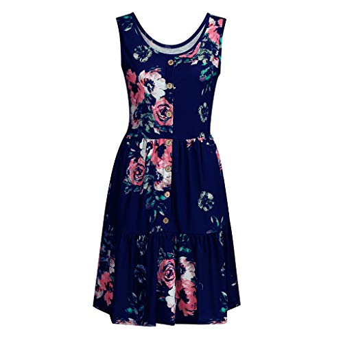 COZOCO Mujer Lunares De Verano De Cintura Alta con Vestidos Largos Verano Mujer Sin Mangas con Botones hasta con Cuello En V Vestido Midi De Swing(Armada,EU-34/CN-S)
