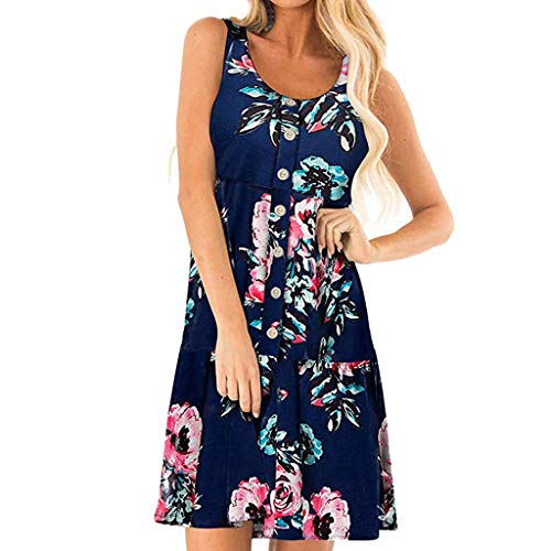 COZOCO Mujer Lunares De Verano De Cintura Alta con Vestidos Largos Verano Mujer Sin Mangas con Botones hasta con Cuello En V Vestido Midi De Swing(Armada,EU-34/CN-S)
