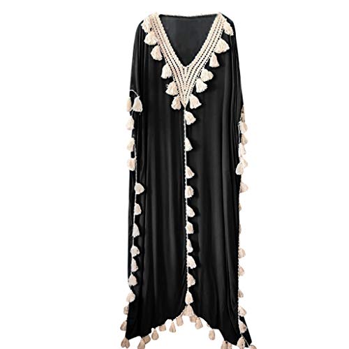 COZOCO Nueva Bohemia Verano Falda Playa Suelta Cintura Vestido Nacional Viento Verano PAI Playa Borla (EU-42/CN-2XL, Negro)