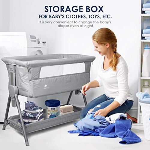 CRZDEAL Cuna Colecho Bebe, Cuna de Colecho para Recién Nacidos con una Gran Cesta de Almacenamiento, Altura Ajustable, Colchón Desmontable y Lavable, Malla Transpirable, Gris, Tejido Fijo de Cama