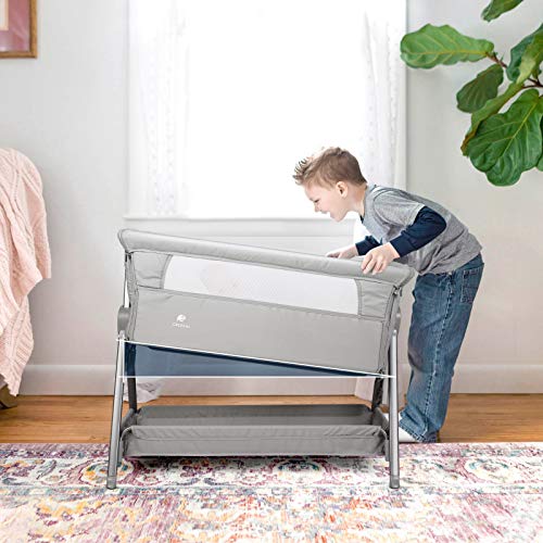 CRZDEAL Cuna Colecho Bebe, Cuna de Colecho para Recién Nacidos con una Gran Cesta de Almacenamiento, Altura Ajustable, Colchón Desmontable y Lavable, Malla Transpirable, Gris, Tejido Fijo de Cama