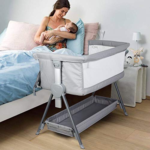 CRZDEAL Cuna Colecho Bebe, Cuna de Colecho para Recién Nacidos con una Gran Cesta de Almacenamiento, Altura Ajustable, Colchón Desmontable y Lavable, Malla Transpirable, Gris, Tejido Fijo de Cama