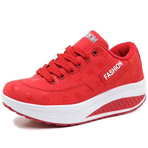 Cuña Plataforma Aptitud Zapatos Mujer Zapatillas de Deporte Casual Correr Sneaker,Rojo,EU39=CN40